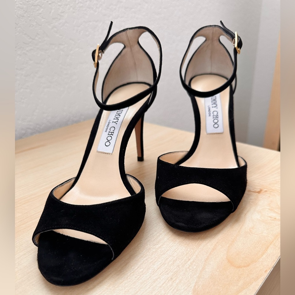 Jimmy Choo Black Suede Open-Toe Ankle-Strap Heels